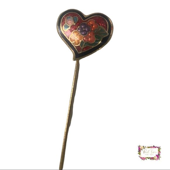 Vintage Heart Shaped Cloisonné Floral & Butterfly Stick Pin - Picture 14 of 14